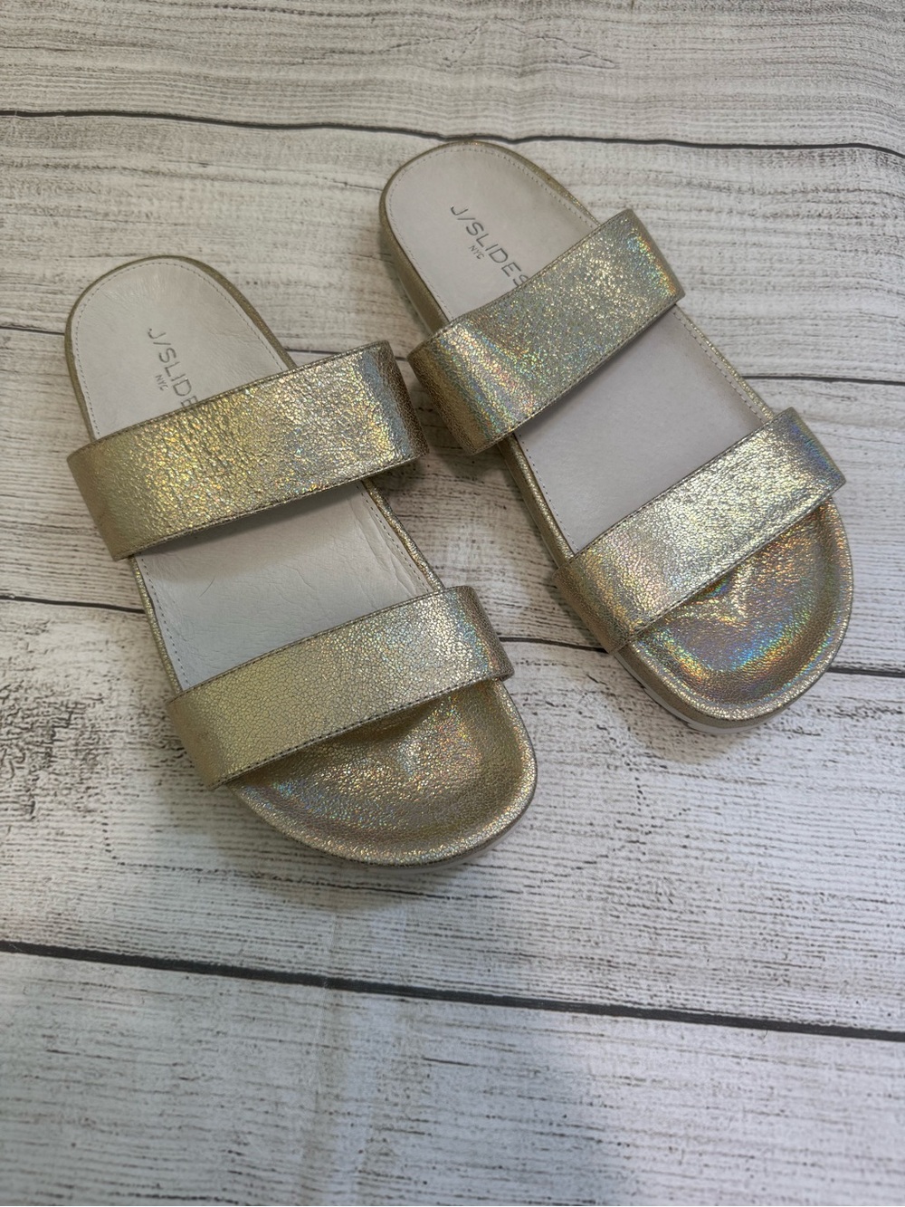 J/Slides Gold Metallic Strap Sandals